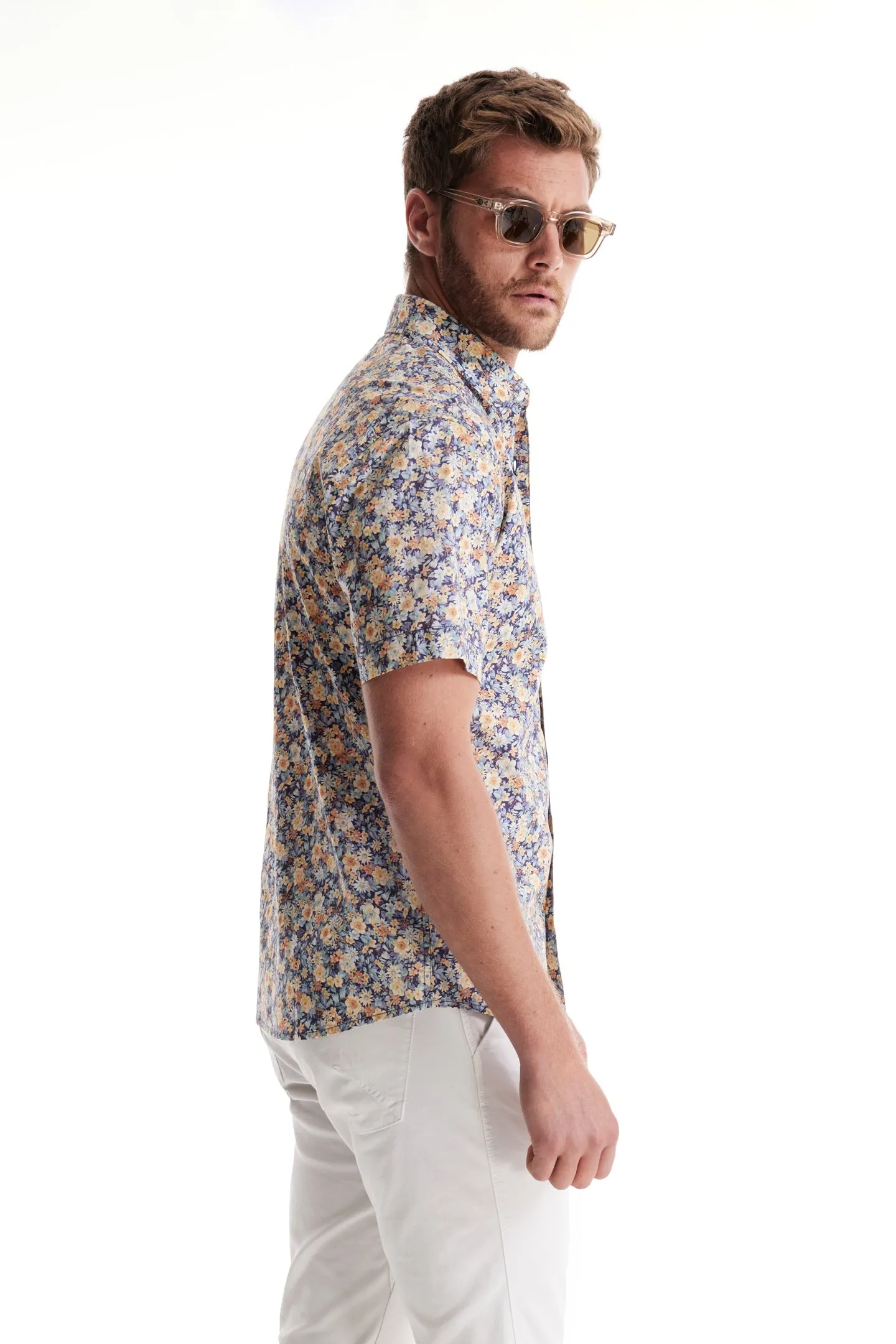 Soft Cloth Collar Shirt in Italian Poplin - Aqua Gardenia Print