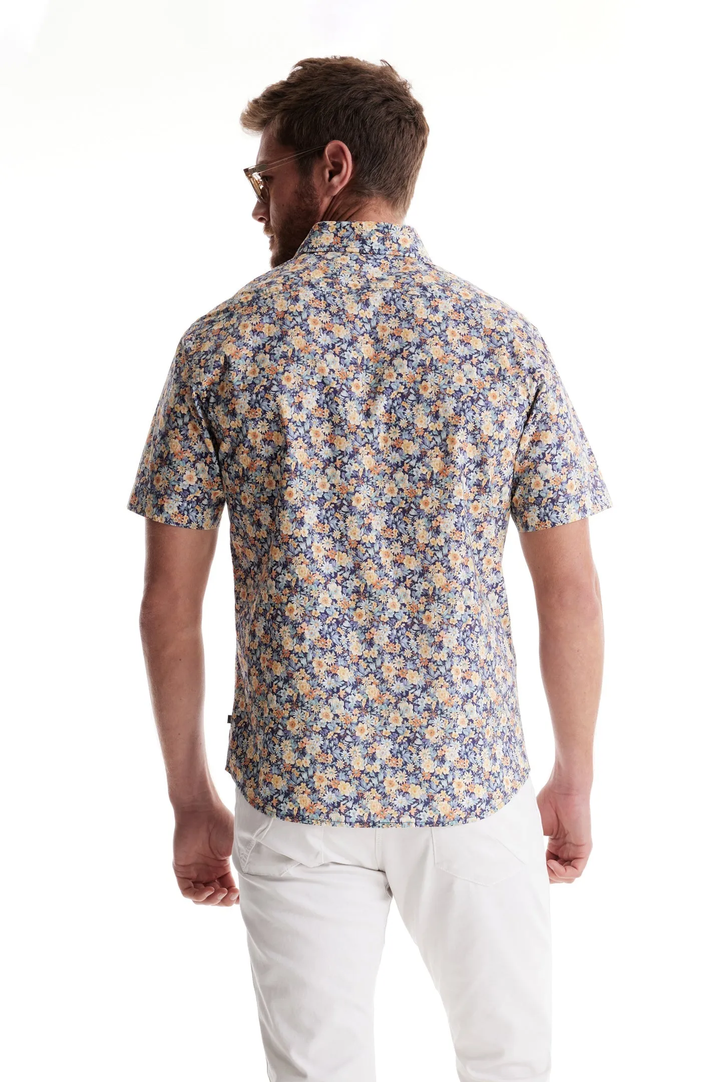 Soft Cloth Collar Shirt in Italian Poplin - Aqua Gardenia Print