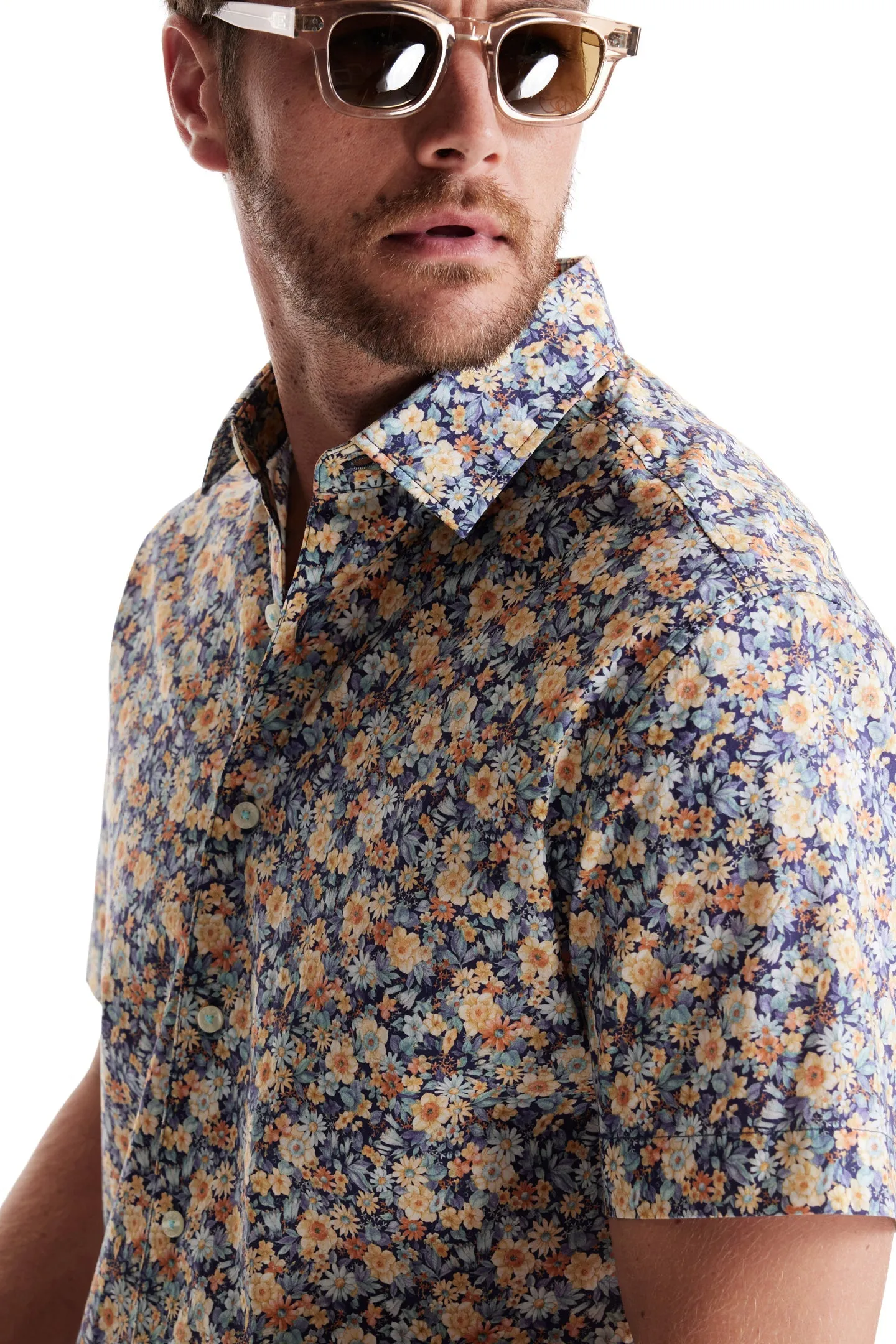 Soft Cloth Collar Shirt in Italian Poplin - Aqua Gardenia Print