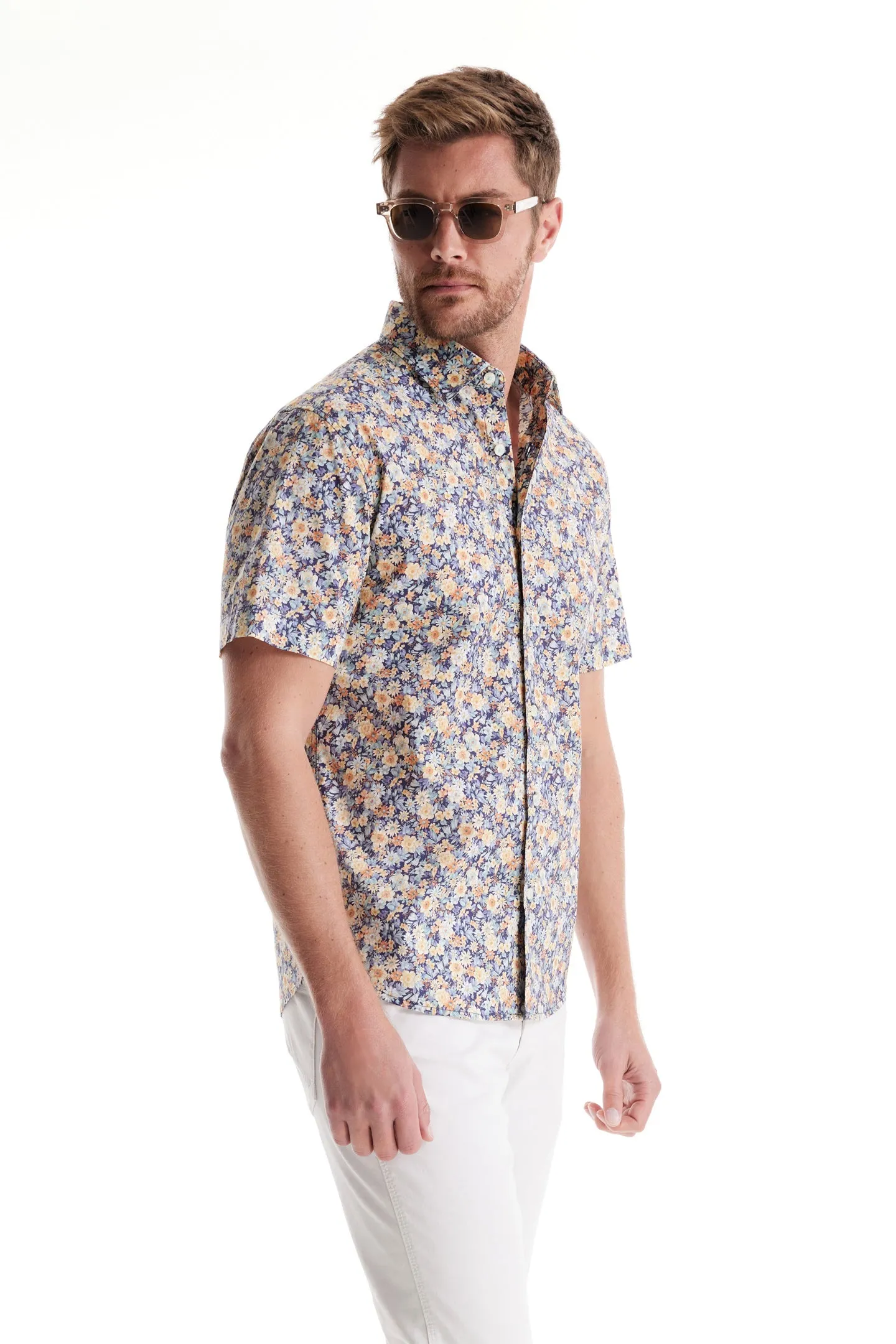 Soft Cloth Collar Shirt in Italian Poplin - Aqua Gardenia Print