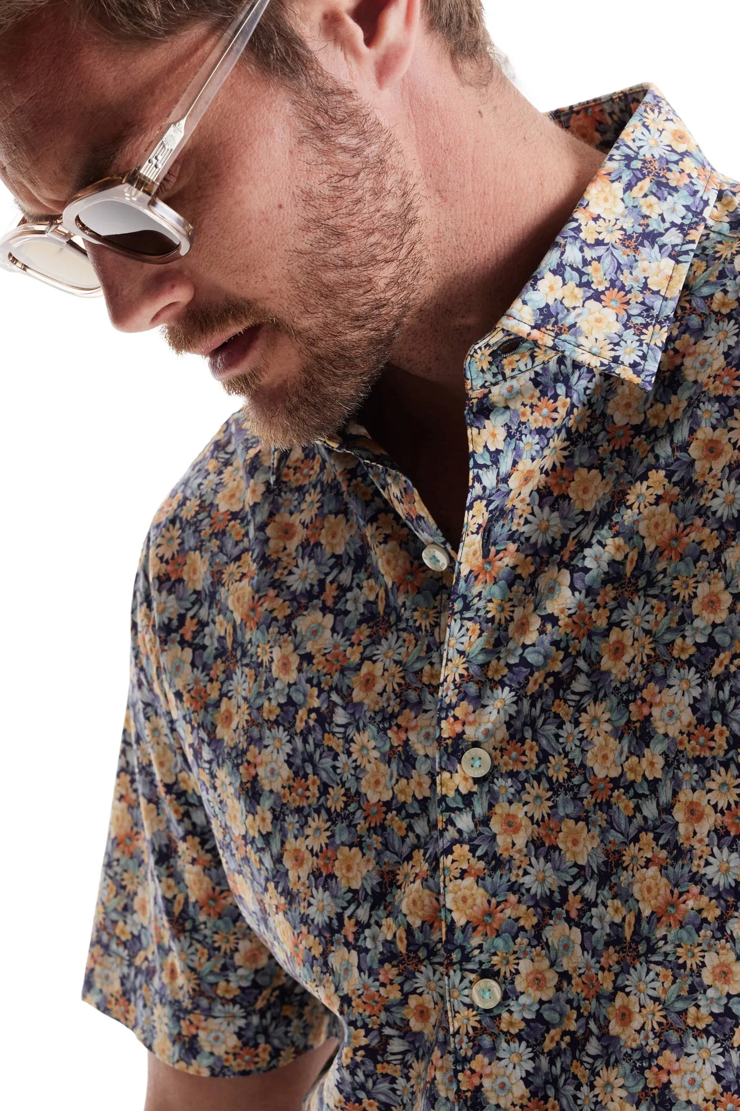 Soft Cloth Collar Shirt in Italian Poplin - Aqua Gardenia Print