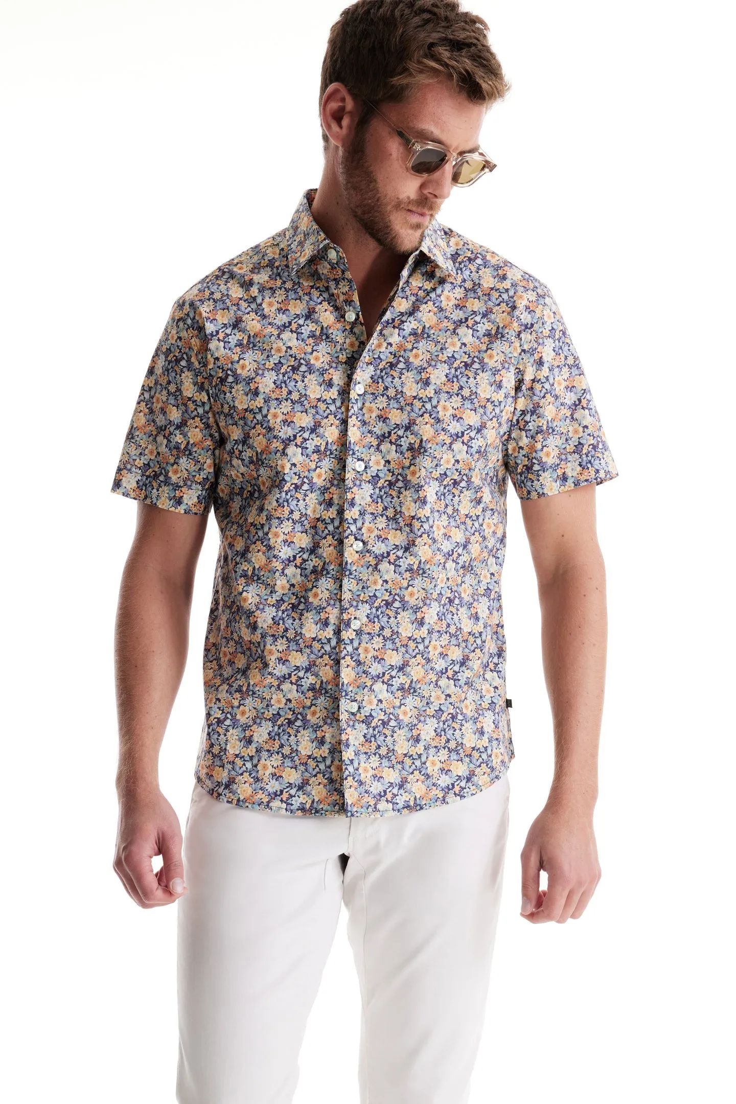 Soft Cloth Collar Shirt in Italian Poplin - Aqua Gardenia Print