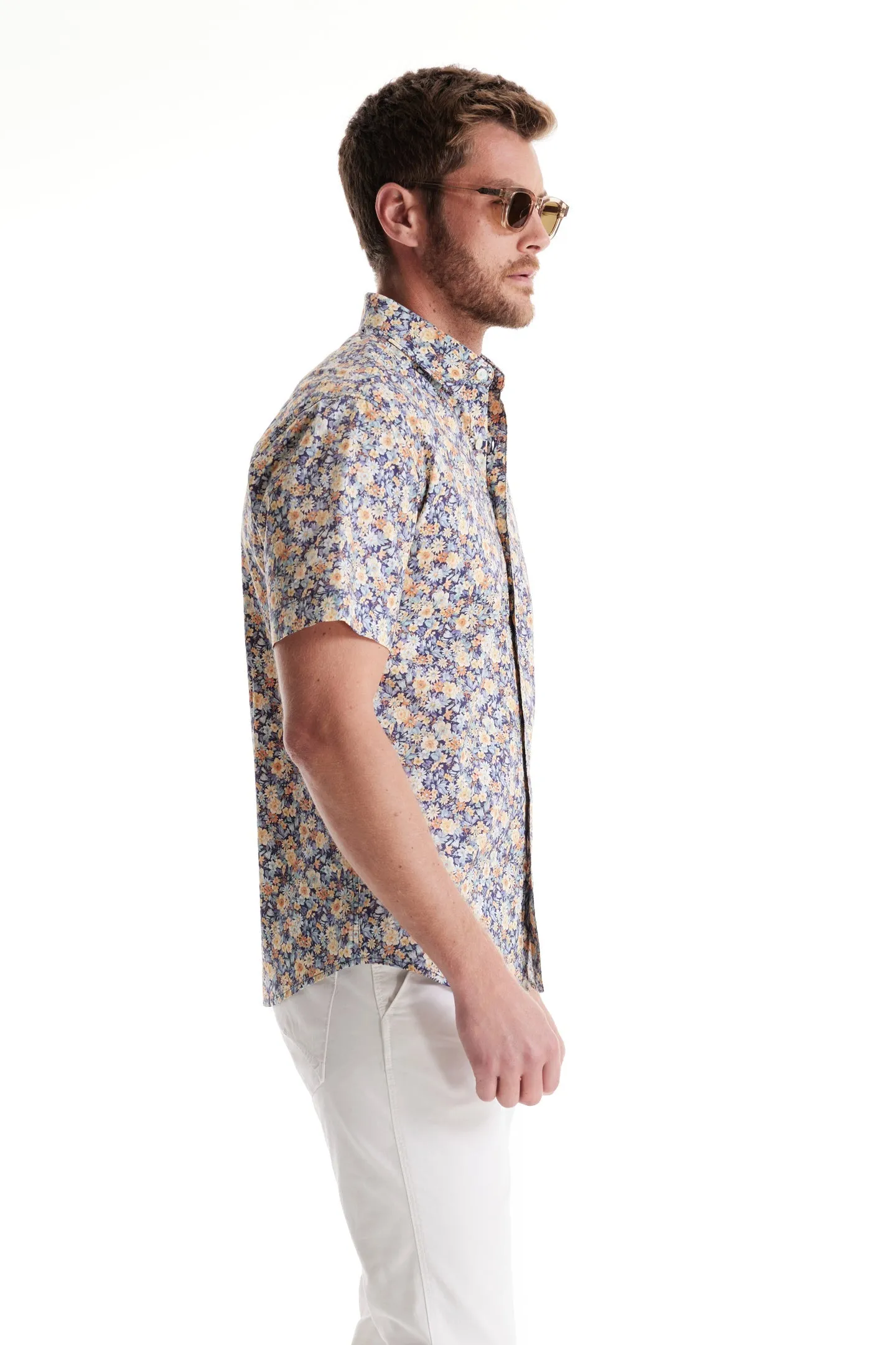 Soft Cloth Collar Shirt in Italian Poplin - Aqua Gardenia Print