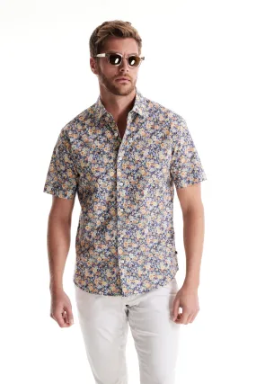 Soft Cloth Collar Shirt in Italian Poplin - Aqua Gardenia Print