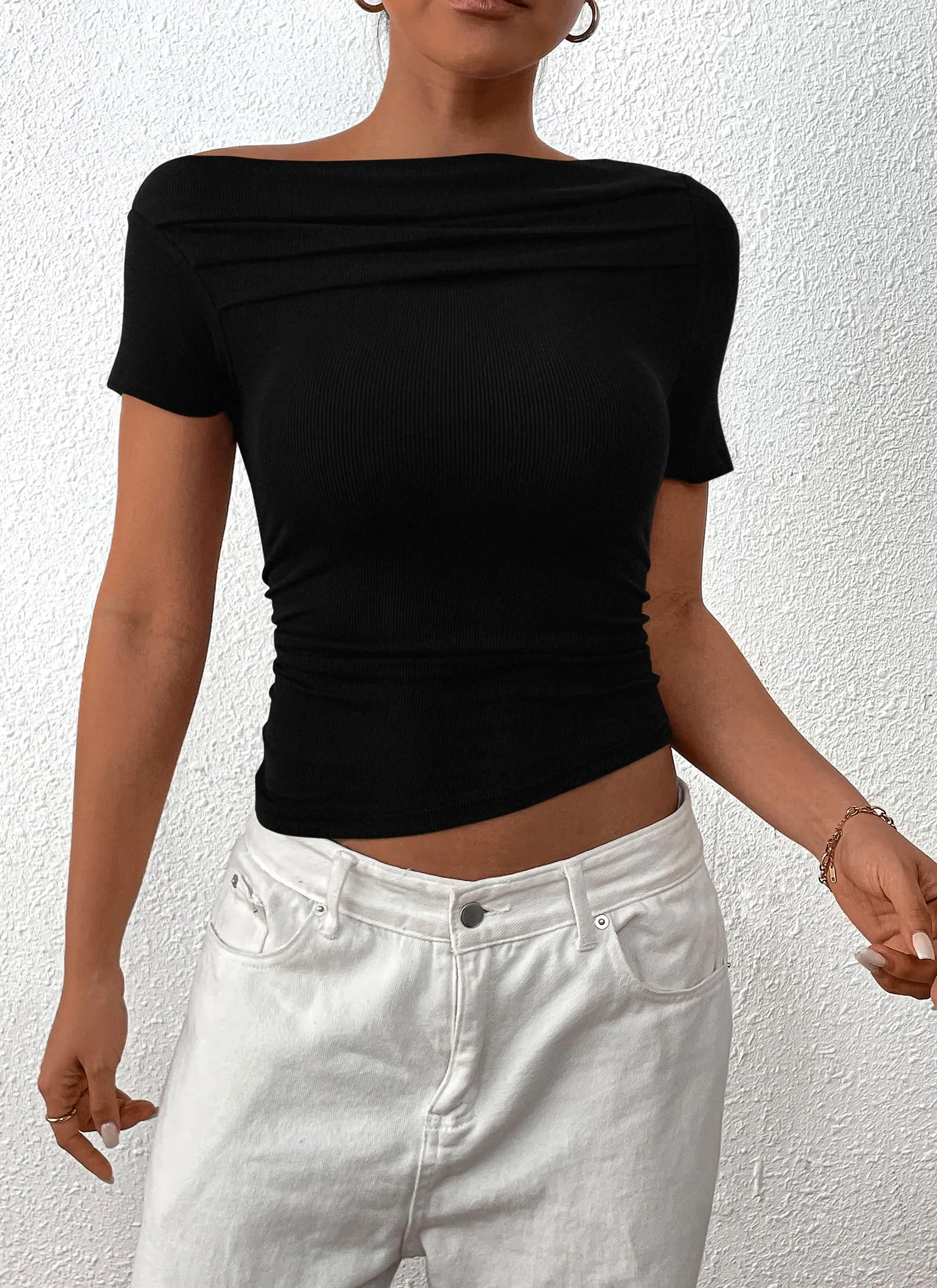 Summer Casual Short Sleeve Asymmetrical Fitted Y2K Crop Top Tee