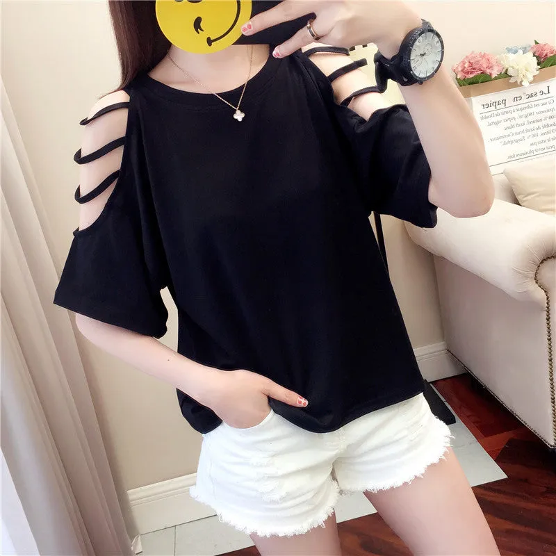Summer Short Sleeve Women Bare Shoulder T-Shirt Loose Harajuku BF Short Girlfriends Tops Student Minimalist All-Matching T-Shirt