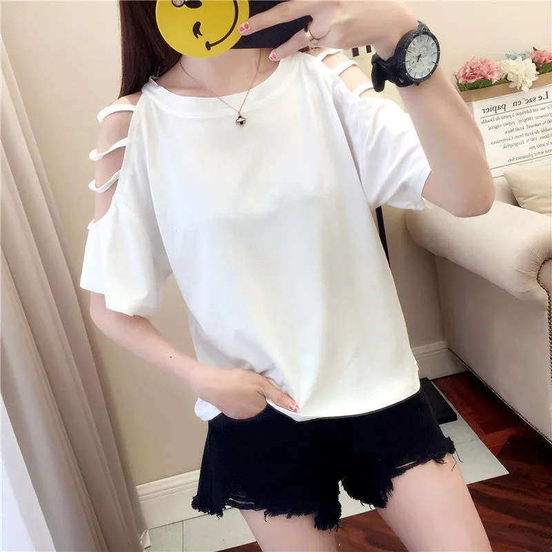 Summer Short Sleeve Women Bare Shoulder T-Shirt Loose Harajuku BF Short Girlfriends Tops Student Minimalist All-Matching T-Shirt