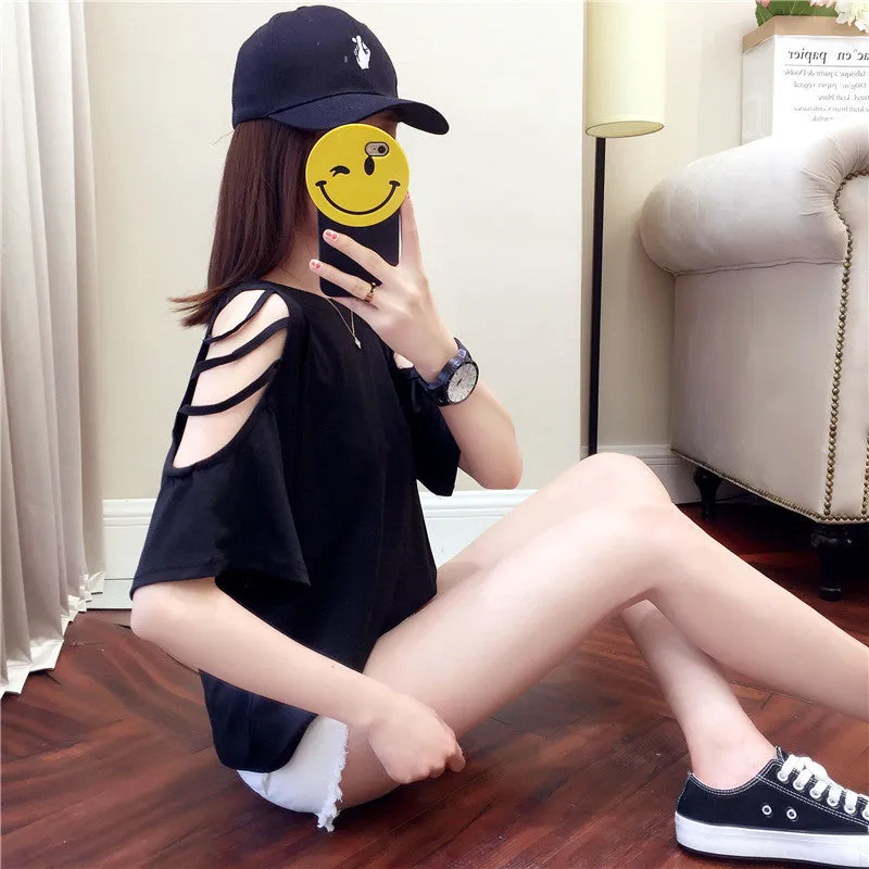 Summer Short Sleeve Women Bare Shoulder T-Shirt Loose Harajuku BF Short Girlfriends Tops Student Minimalist All-Matching T-Shirt