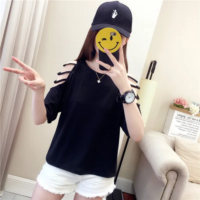 Summer Short Sleeve Women Bare Shoulder T-Shirt Loose Harajuku BF Short Girlfriends Tops Student Minimalist All-Matching T-Shirt