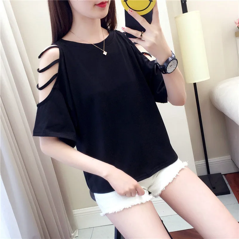 Summer Short Sleeve Women Bare Shoulder T-Shirt Loose Harajuku BF Short Girlfriends Tops Student Minimalist All-Matching T-Shirt
