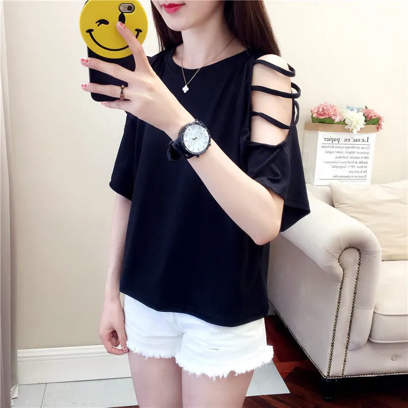 Summer Short Sleeve Women Bare Shoulder T-Shirt Loose Harajuku BF Short Girlfriends Tops Student Minimalist All-Matching T-Shirt