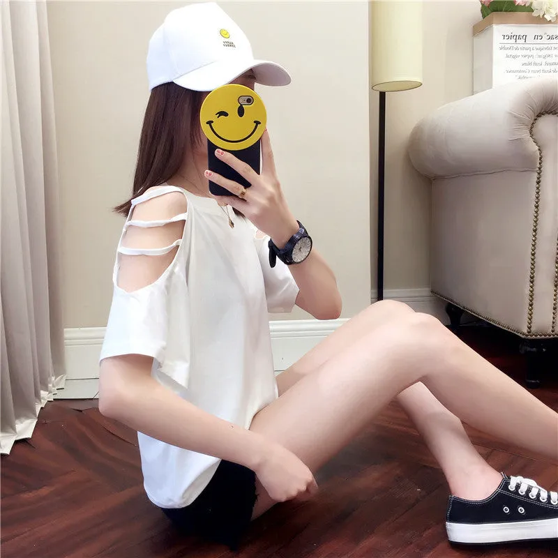 Summer Short Sleeve Women Bare Shoulder T-Shirt Loose Harajuku BF Short Girlfriends Tops Student Minimalist All-Matching T-Shirt
