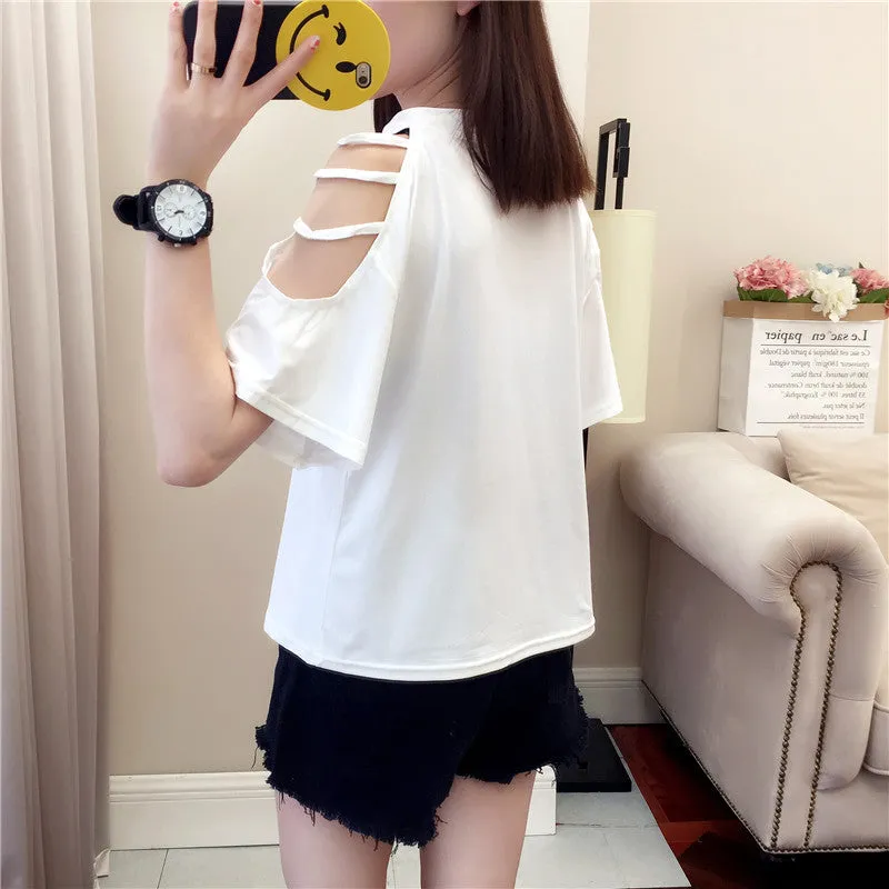 Summer Short Sleeve Women Bare Shoulder T-Shirt Loose Harajuku BF Short Girlfriends Tops Student Minimalist All-Matching T-Shirt