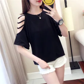 Summer Short Sleeve Women Bare Shoulder T-Shirt Loose Harajuku BF Short Girlfriends Tops Student Minimalist All-Matching T-Shirt