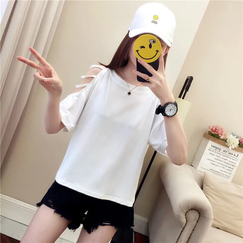Summer Short Sleeve Women Bare Shoulder T-Shirt Loose Harajuku BF Short Girlfriends Tops Student Minimalist All-Matching T-Shirt
