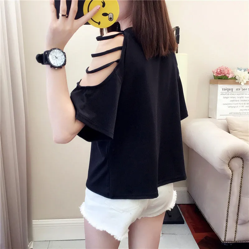 Summer Short Sleeve Women Bare Shoulder T-Shirt Loose Harajuku BF Short Girlfriends Tops Student Minimalist All-Matching T-Shirt