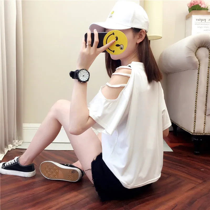 Summer Short Sleeve Women Bare Shoulder T-Shirt Loose Harajuku BF Short Girlfriends Tops Student Minimalist All-Matching T-Shirt