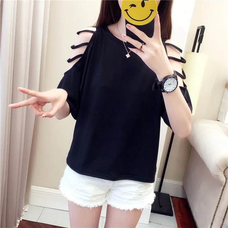 Summer Short Sleeve Women Bare Shoulder T-Shirt Loose Harajuku BF Short Girlfriends Tops Student Minimalist All-Matching T-Shirt