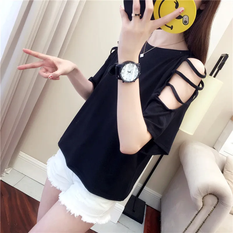 Summer Short Sleeve Women Bare Shoulder T-Shirt Loose Harajuku BF Short Girlfriends Tops Student Minimalist All-Matching T-Shirt