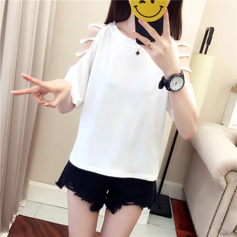 Summer Short Sleeve Women Bare Shoulder T-Shirt Loose Harajuku BF Short Girlfriends Tops Student Minimalist All-Matching T-Shirt