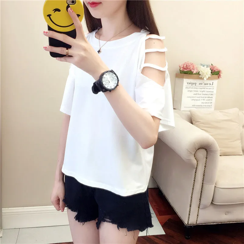 Summer Short Sleeve Women Bare Shoulder T-Shirt Loose Harajuku BF Short Girlfriends Tops Student Minimalist All-Matching T-Shirt