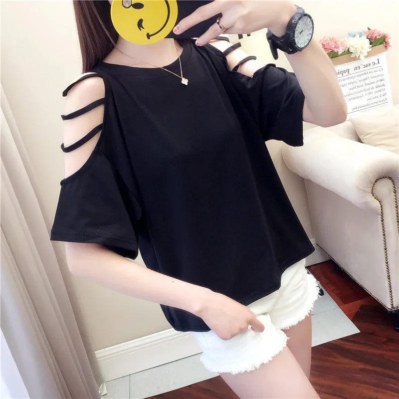Summer Short Sleeve Women Bare Shoulder T-Shirt Loose Harajuku BF Short Girlfriends Tops Student Minimalist All-Matching T-Shirt