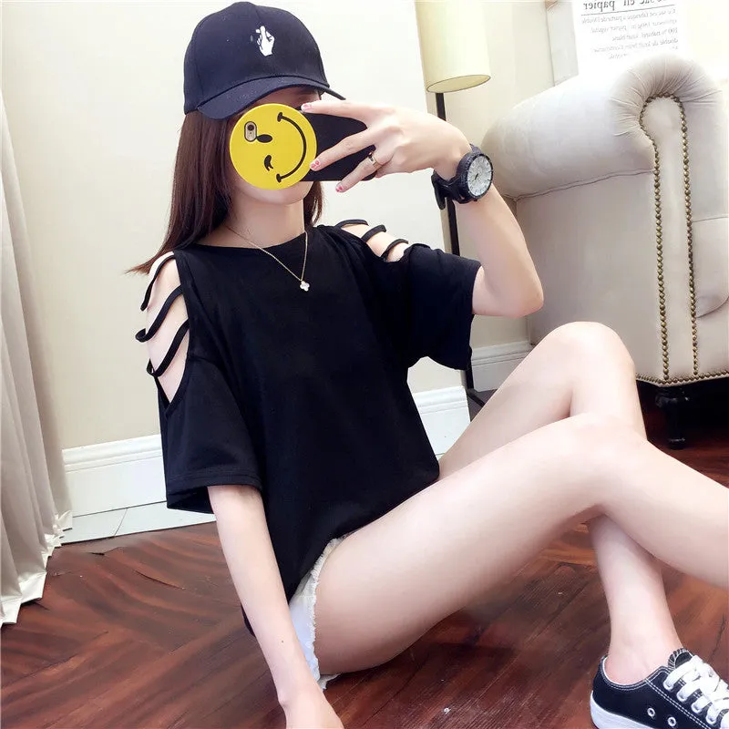 Summer Short Sleeve Women Bare Shoulder T-Shirt Loose Harajuku BF Short Girlfriends Tops Student Minimalist All-Matching T-Shirt