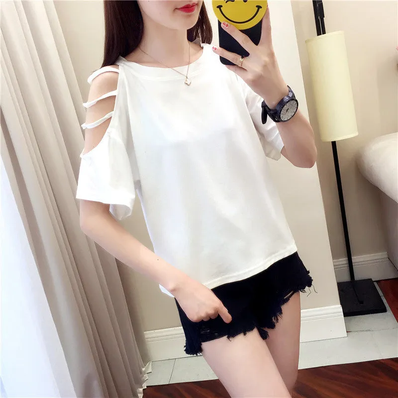 Summer Short Sleeve Women Bare Shoulder T-Shirt Loose Harajuku BF Short Girlfriends Tops Student Minimalist All-Matching T-Shirt