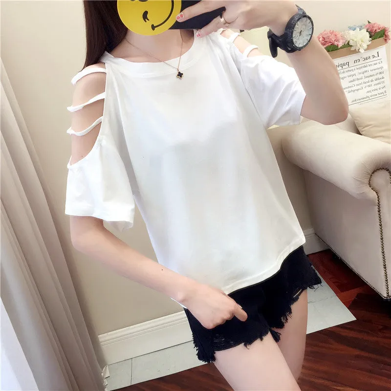 Summer Short Sleeve Women Bare Shoulder T-Shirt Loose Harajuku BF Short Girlfriends Tops Student Minimalist All-Matching T-Shirt