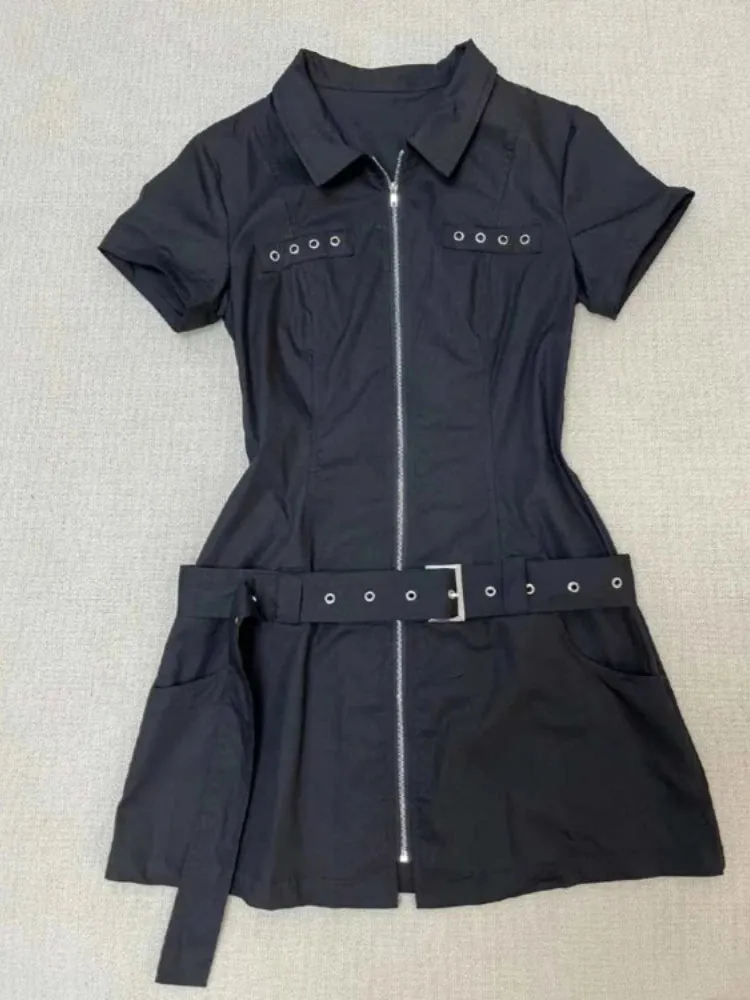 TAVIMART  -  Lapel Neck Slim Waist Shirts Dress for Women Summer New Black Dresses Y2k E-Girl Short Sleeve Zipper Vestidos De Mujer
