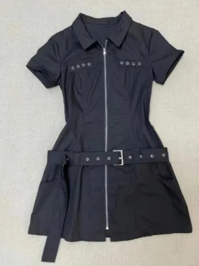 TAVIMART  -  Lapel Neck Slim Waist Shirts Dress for Women Summer New Black Dresses Y2k E-Girl Short Sleeve Zipper Vestidos De Mujer
