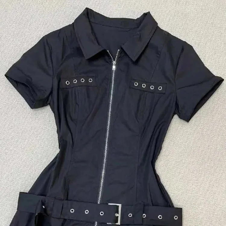 TAVIMART  -  Lapel Neck Slim Waist Shirts Dress for Women Summer New Black Dresses Y2k E-Girl Short Sleeve Zipper Vestidos De Mujer