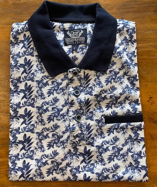 Thomson and Richards Print Polo - Didem Blue White