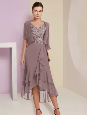 Two Piece A-Line Mother of the Bride Dress Formal Wedding Guest Elegant High Low V Neck Asymmetrical Tea Length Chiffon Lace Short Sleeve 3/4 Length Sleeve Wrap Included with Appliques