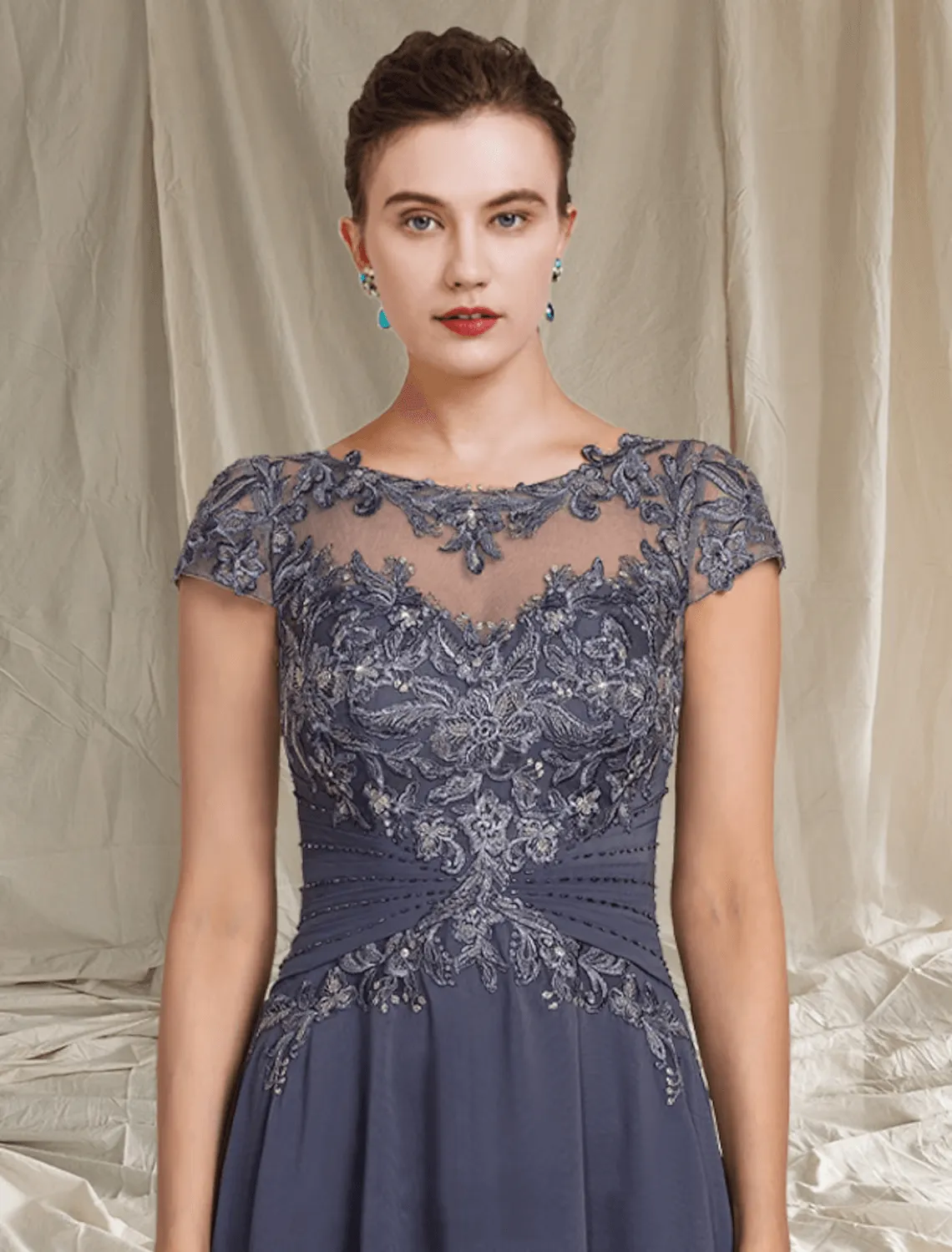 Two Piece A-Line Mother of the Bride Dress Formal Wedding Guest Elegant Scoop Neck Asymmetrical Tea Length Chiffon Lace Short Sleeve Wrap Included with Beading Appliques