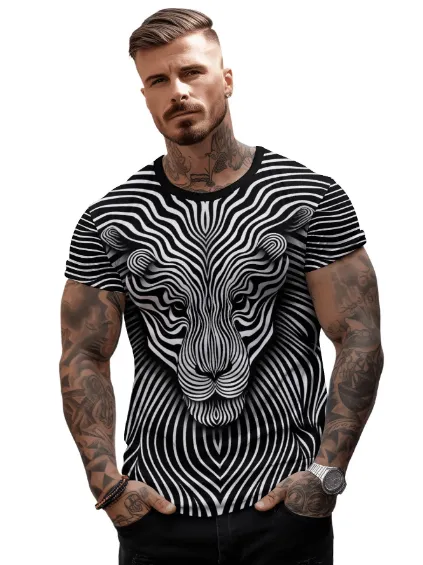 UD FABRIC Vintage Animal T Shirt for Men/Summer Short Sleeve Holiday T-Shirts Loose Clothing O-Neck Pullover/Lion Printed Attractive T Shirt (in, Alpha, 2XL, Regular, White)