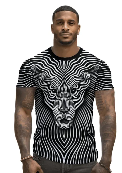 UD FABRIC Vintage Animal T Shirt for Men/Summer Short Sleeve Holiday T-Shirts Loose Clothing O-Neck Pullover/Lion Printed Attractive T Shirt (in, Alpha, 2XL, Regular, White)