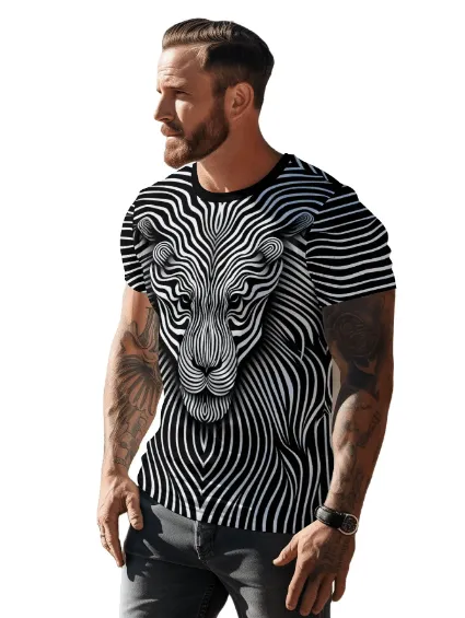 UD FABRIC Vintage Animal T Shirt for Men/Summer Short Sleeve Holiday T-Shirts Loose Clothing O-Neck Pullover/Lion Printed Attractive T Shirt (in, Alpha, 2XL, Regular, White)