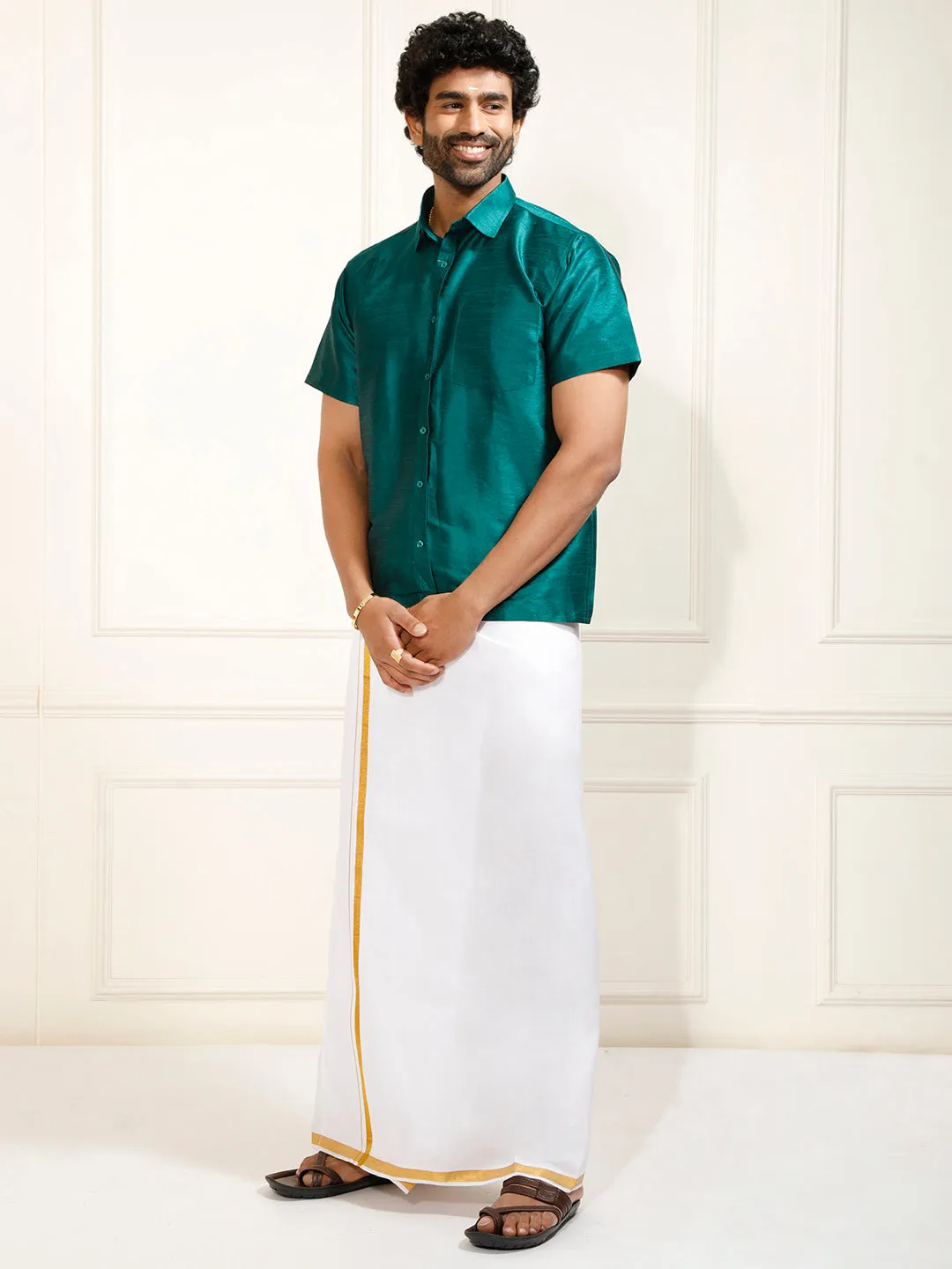 VASTRAMAY Men's Bottle Green Silk Blend Shirt And Mundu