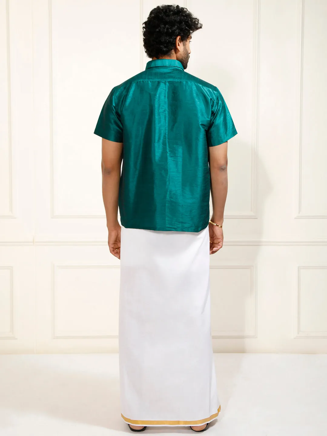 VASTRAMAY Men's Bottle Green Silk Blend Shirt And Mundu