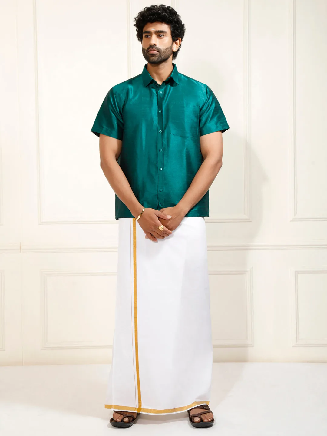 VASTRAMAY Men's Bottle Green Silk Blend Shirt And Mundu