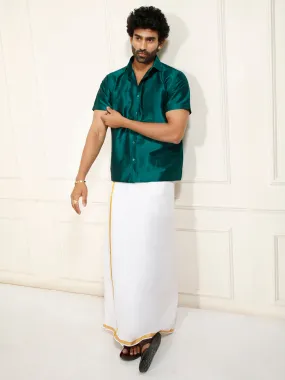 VASTRAMAY Men's Bottle Green Silk Blend Shirt And Mundu