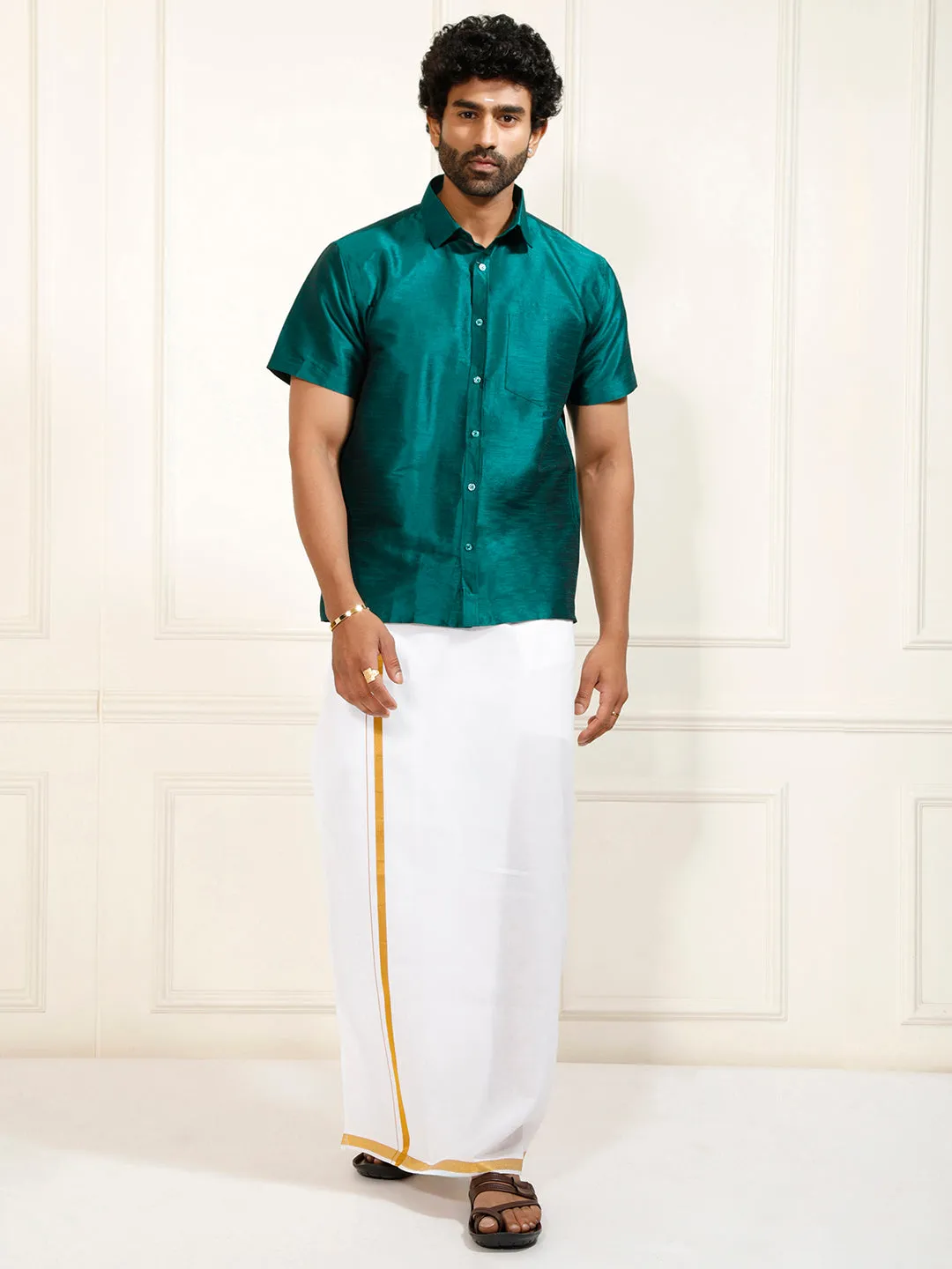 VASTRAMAY Men's Bottle Green Silk Blend Shirt And Mundu
