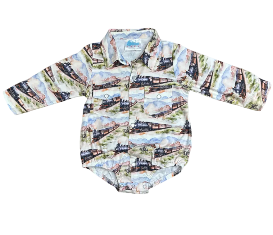 Western Train Long Sleeve Pearl Snap Onesie Baby (0-18M)