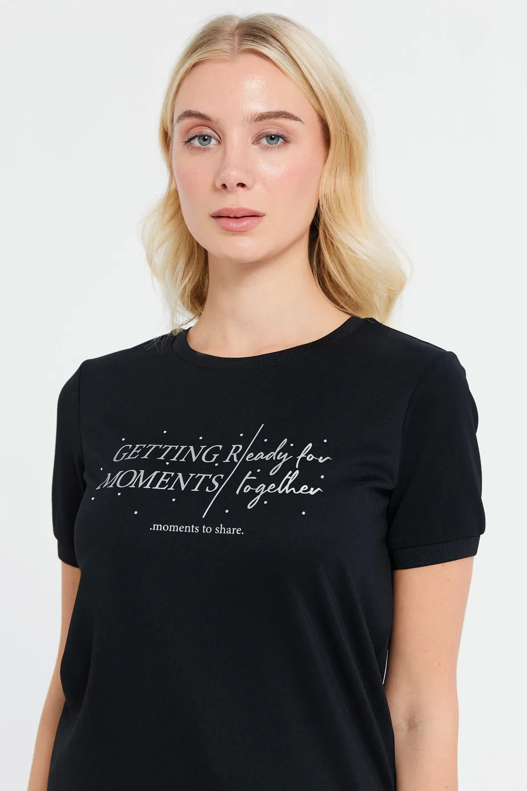 Women Black Crew Neck Printed  T-Shirt