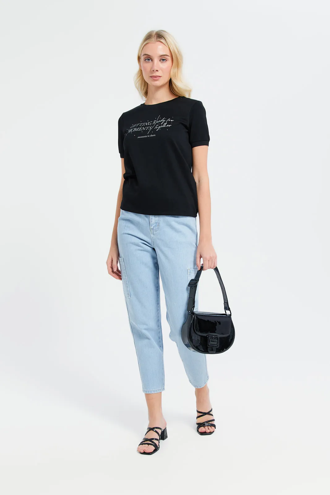Women Black Crew Neck Printed  T-Shirt