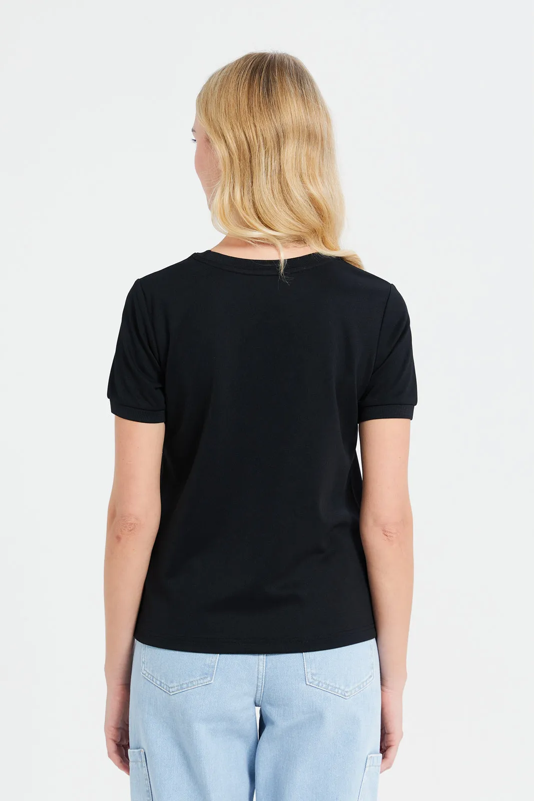 Women Black Crew Neck Printed  T-Shirt