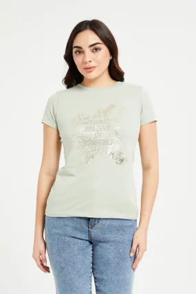 Women Green Believe Printed T-Shirt