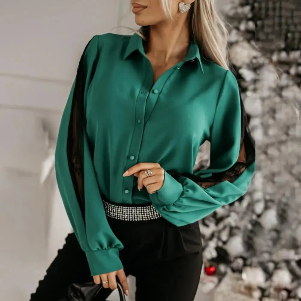Women Shirt Lace Flower Long Sleeve Turn-down Collar Commute Blouse
