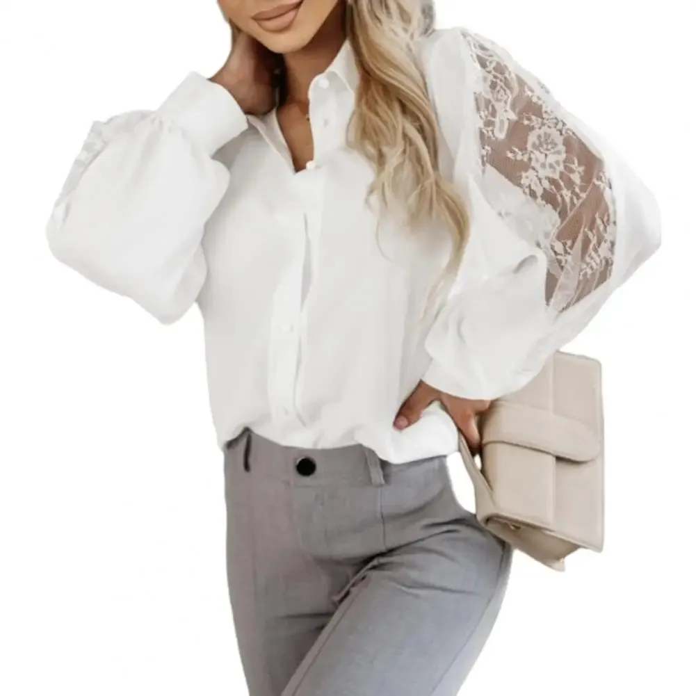 Women Shirt Lace Flower Long Sleeve Turn-down Collar Commute Blouse